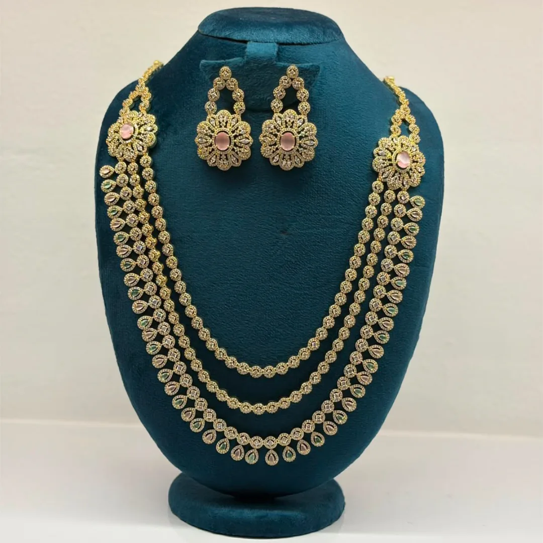 Elegant Rose & Green Stone Layered Necklace